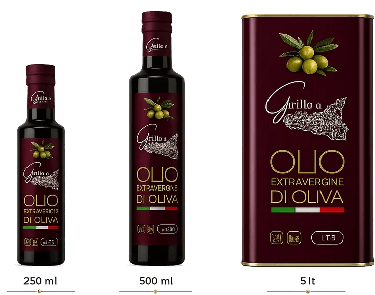 Extra virgin olive oil in 250 ml, 500 ml and 5 litre formats