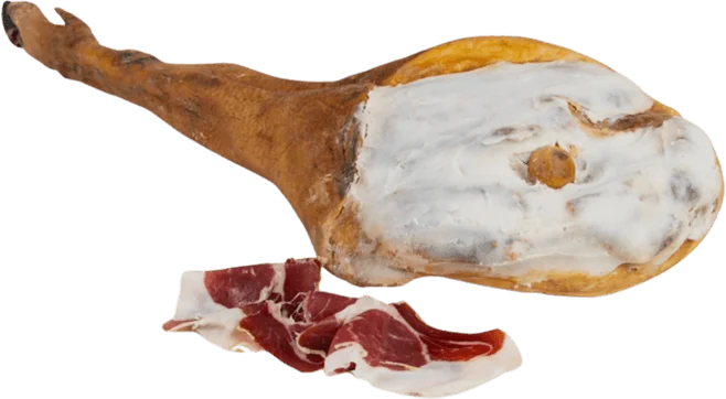 Whole dry-cured ham with hand-cut slices